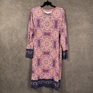 Coolibar Dress Womens Large Blue Pink Print Oceanside Midi UPF 50 Modest Boho‎